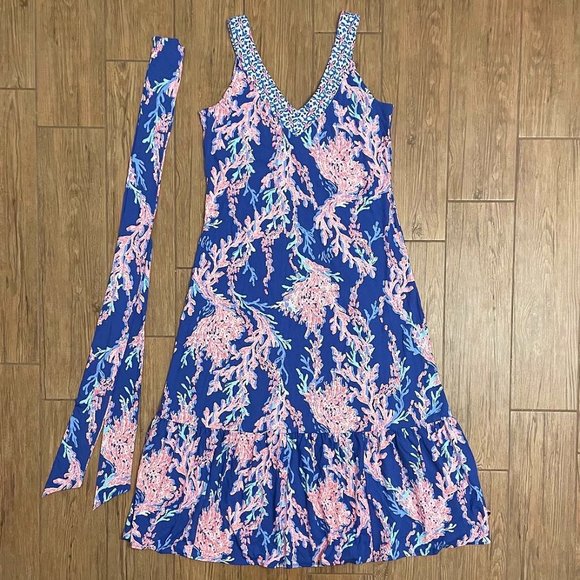 Lilly Pulitzer Madsen Midi Dress in Borealis Blue/Swim on Over- Size XL - Picture 8 of 10